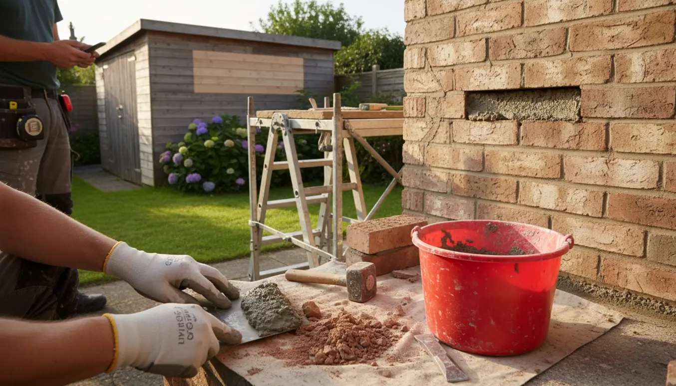 Murerarbejde ved hus og skur med hænder, mørtel, mursten og stillads i sollys.