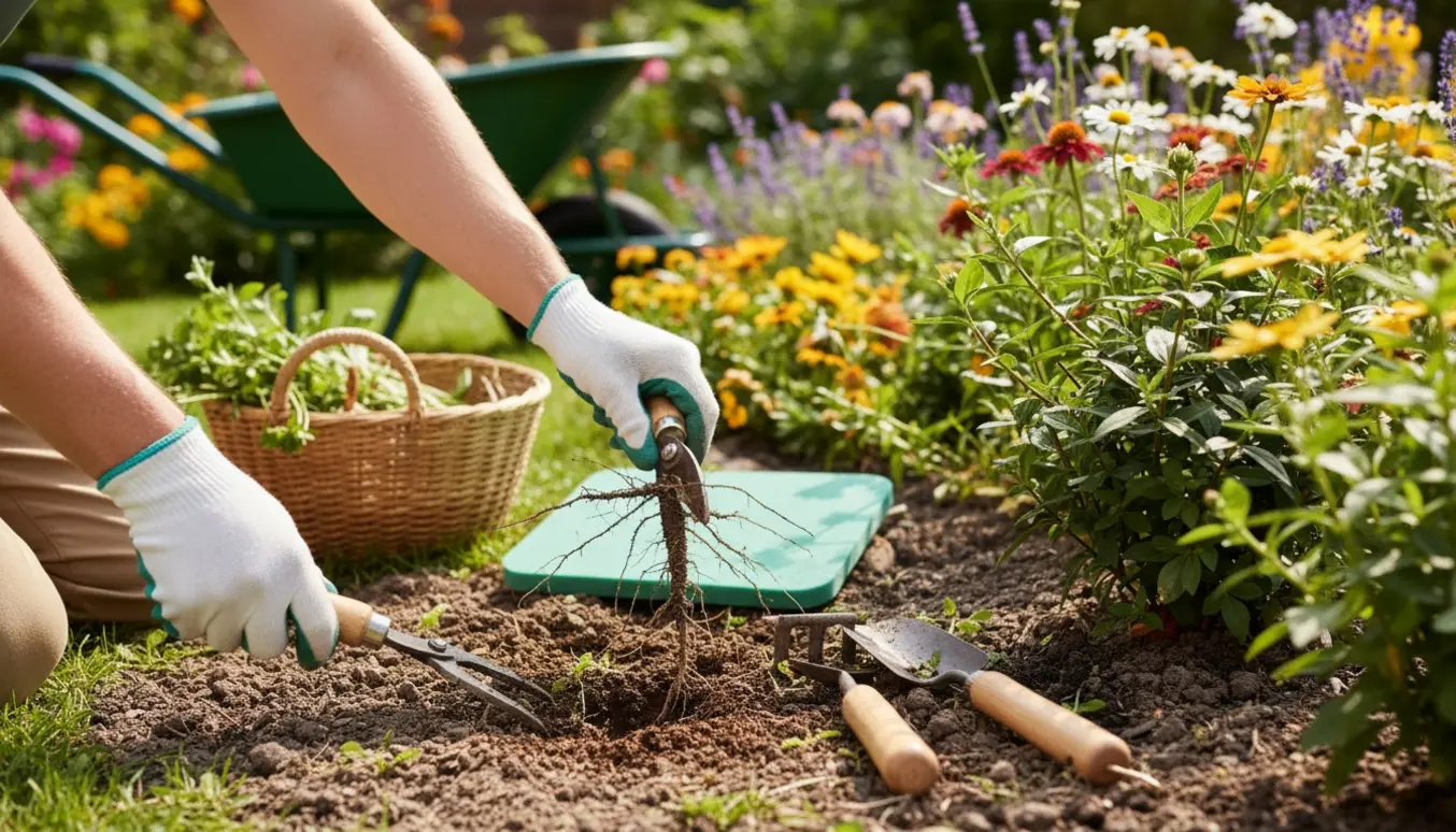 Nærbillede af handskerede hænder, der fjerner ukrudt og klipper let beskæring i et solbelyst blomsterbed.