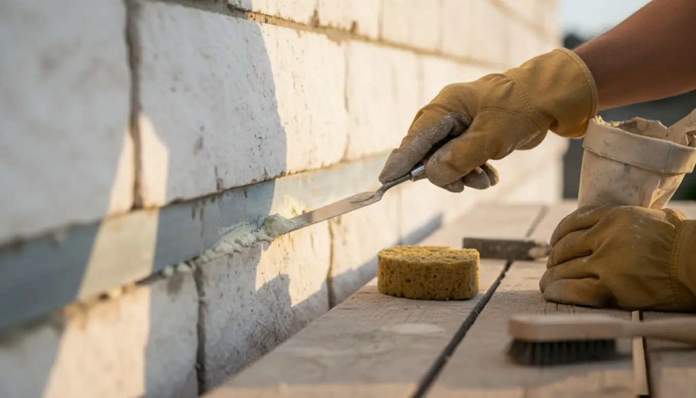 Nærbillede af hænder, der reparerer en fuge i hvidkalksten under metalinddækning med frisk mørtel.