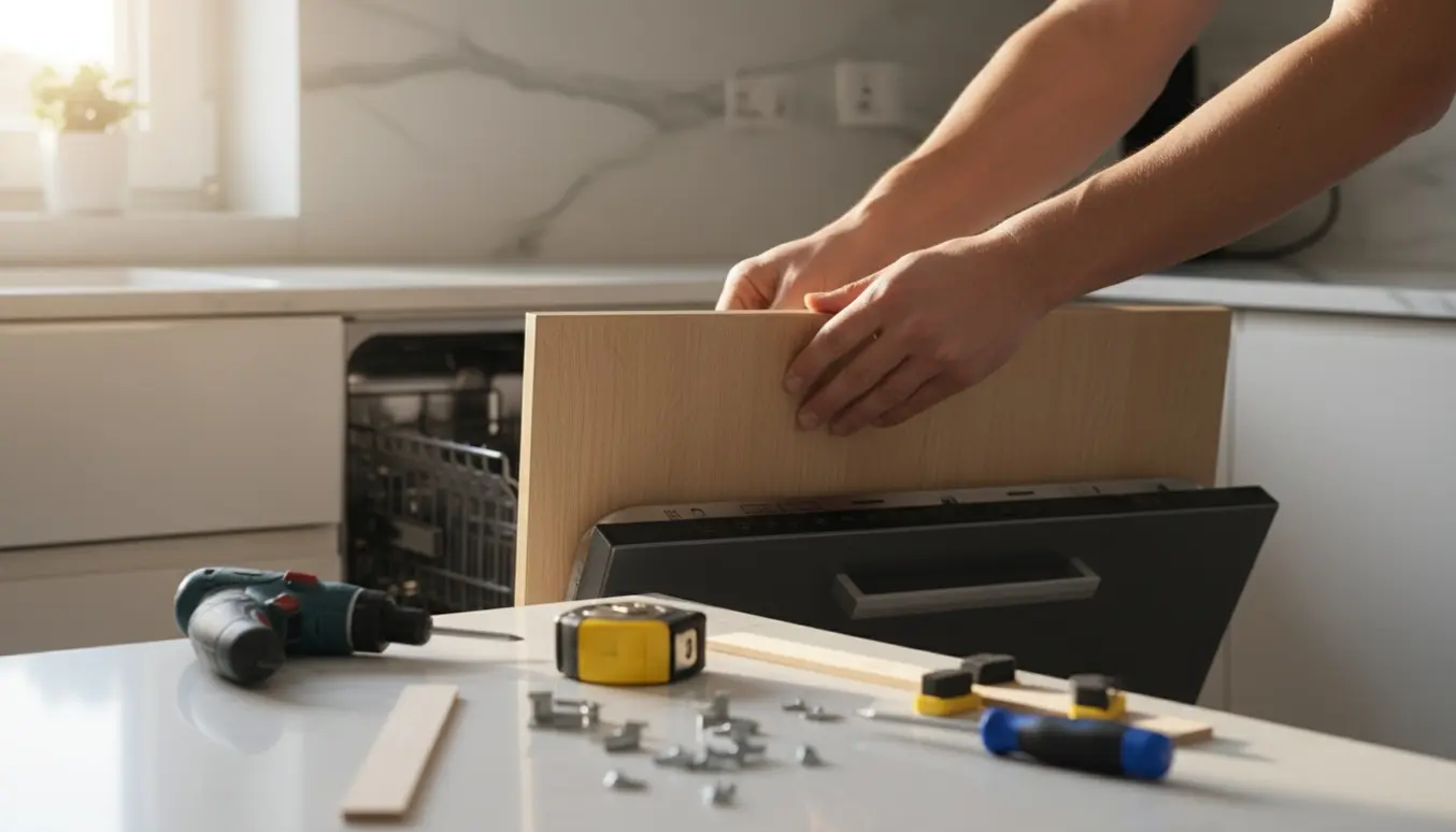 Hænder monterer en Ikea-front på en Beko-opvaskemaskine i et lyst køkken.