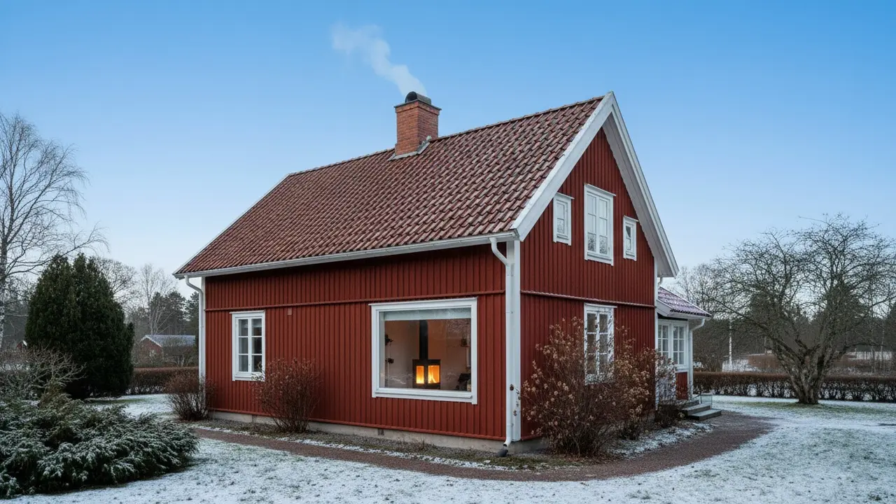 Eksteriør af hus med synlig skorsten og røg, daglys, pejsglød gennem vindue