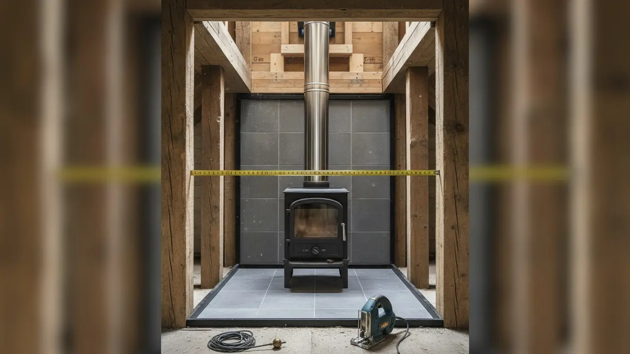 Indvendig installation af skorsten med spærstyr og 5 cm afstand markeret ved målestok