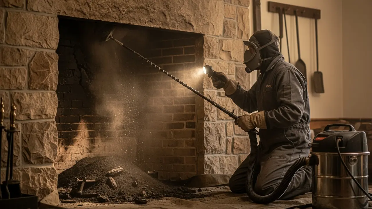 Skorstensfejer i arbejdstøj renser skorsten med børster og støvsuger, tæt på fluen