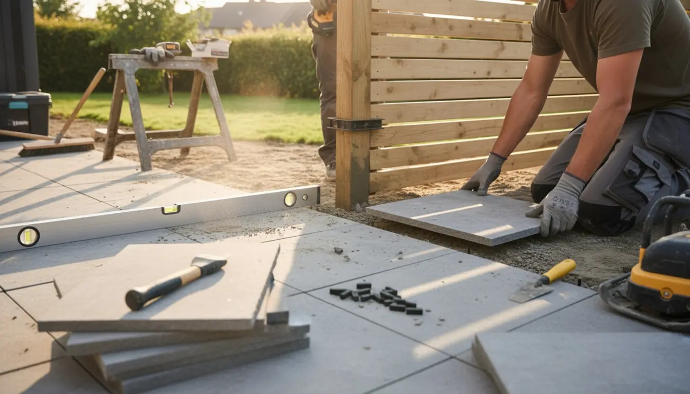 Nærbillede af udvidelse af terrasse med fliser klar til lægning og opsætning af en ny stolpe samt 1 m bredt smalt lamelhegn.