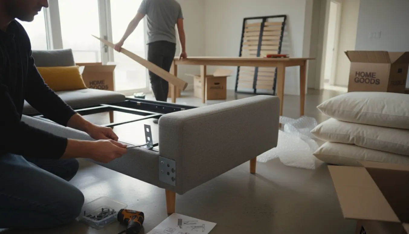 To personer samler møbler i en lys stue med sofa, spisebordsskruer, sengedele og værktøj spredt omkring.