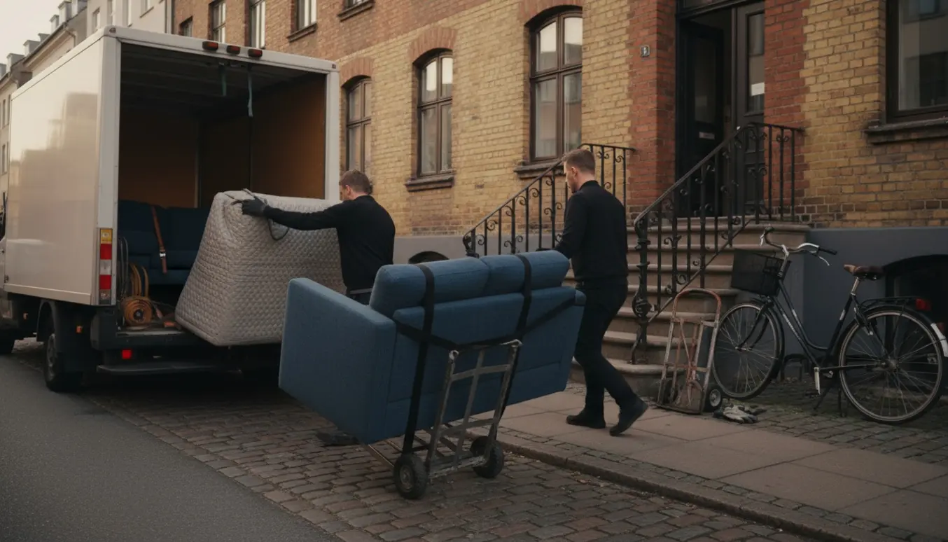 Flyttefolk bærer tre modulstykker af en todelt sofa fra en parkeret flyttevogn op mod en trappe på Nørrebro.
