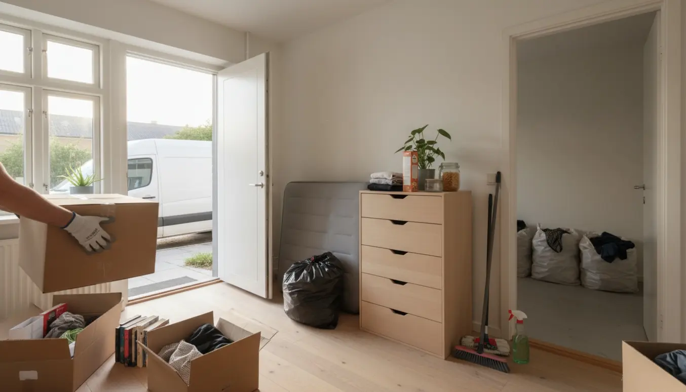 Lille 25 m² lejlighed i Århus under flytning og rengøring med stabler af skuffer, flyttekasser, rullet luftmadras og tre store poser i kælderrummet.