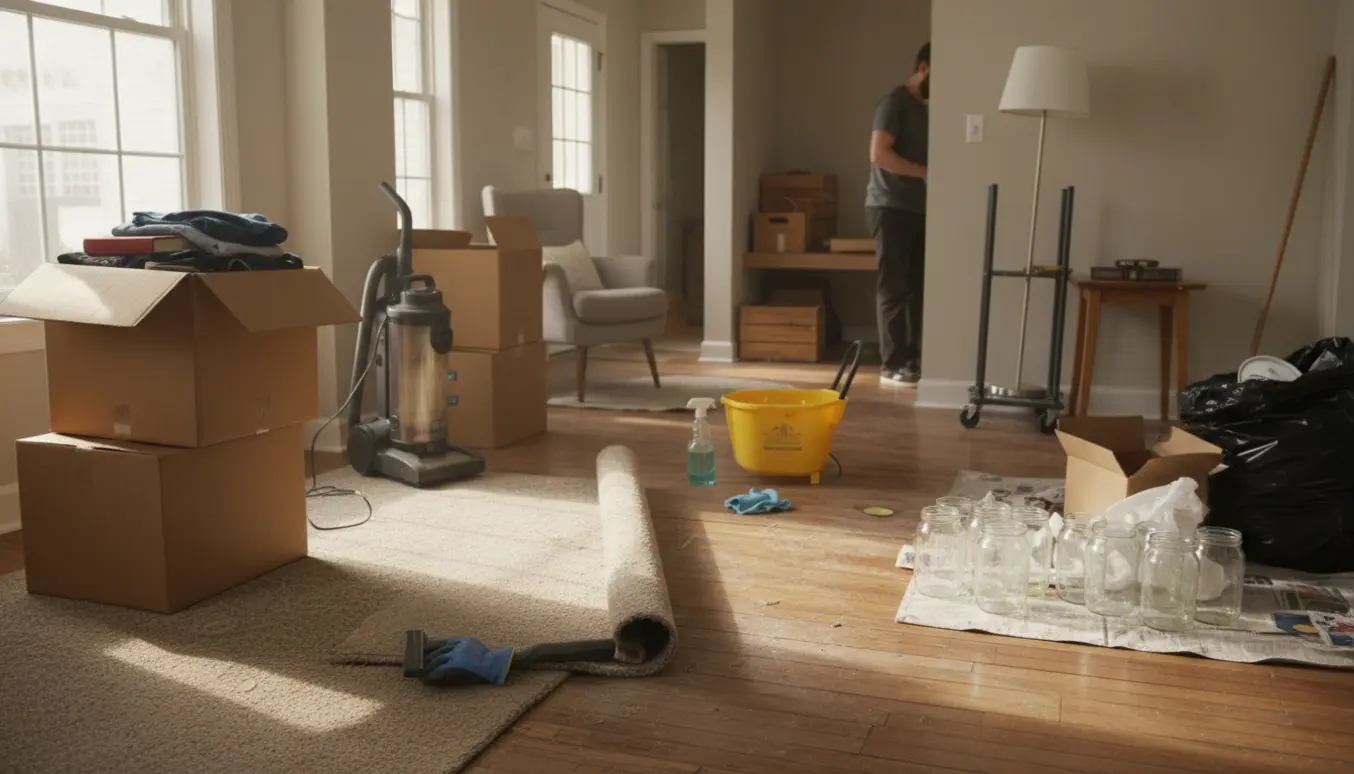 Stue under flytteoprydning med rullet tæppe, flyttekasser og rengøringsudstyr.