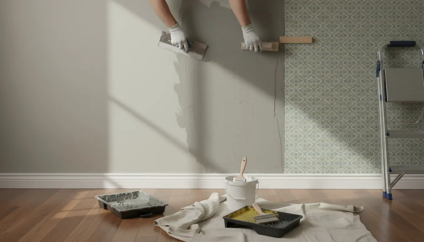 Halvfærdig væg med frisk puds og et mønstret tapetpanel ved siden af, med værktøj og tapetlim parat.