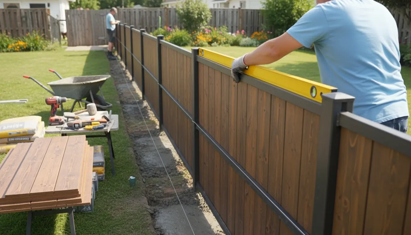 Opsætning af et lige komposithegn i skel med stolper støbt i frisk beton og en håndværker, der bruger vaterpas.