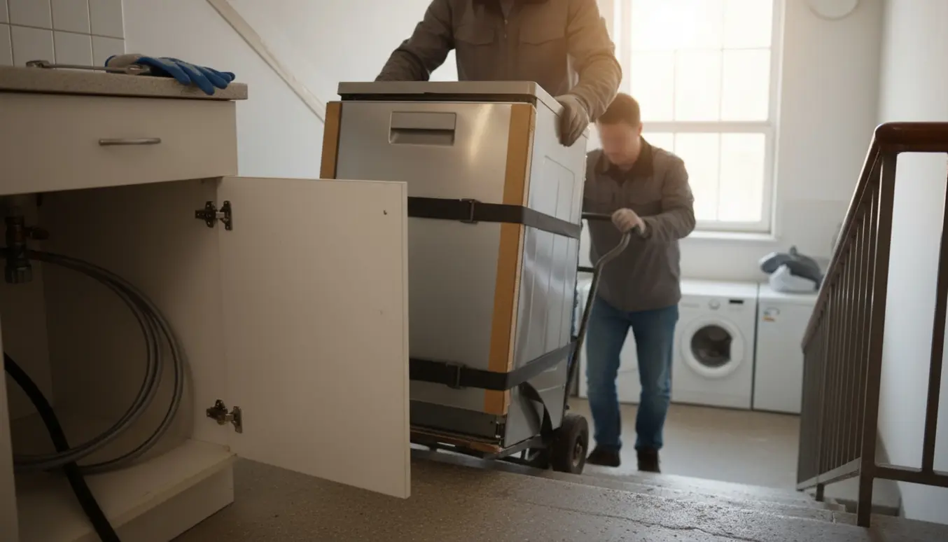 En opvaskemaskine bæres ned ad trappen fra en lejlighed, sikret på en trillebøre med håndværktøj og beskyttere synlige.