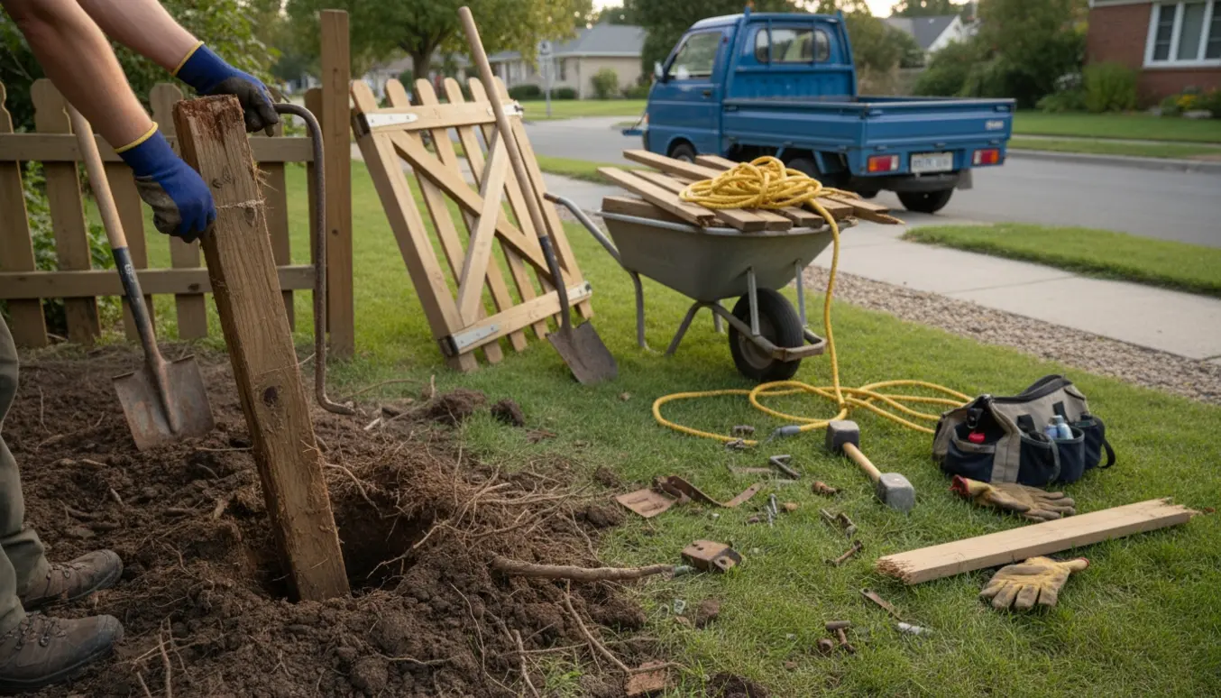 Afmontering og bortkørsel af et stakit og en havelåge fra en have med værktøj og pickup ved fortovet.