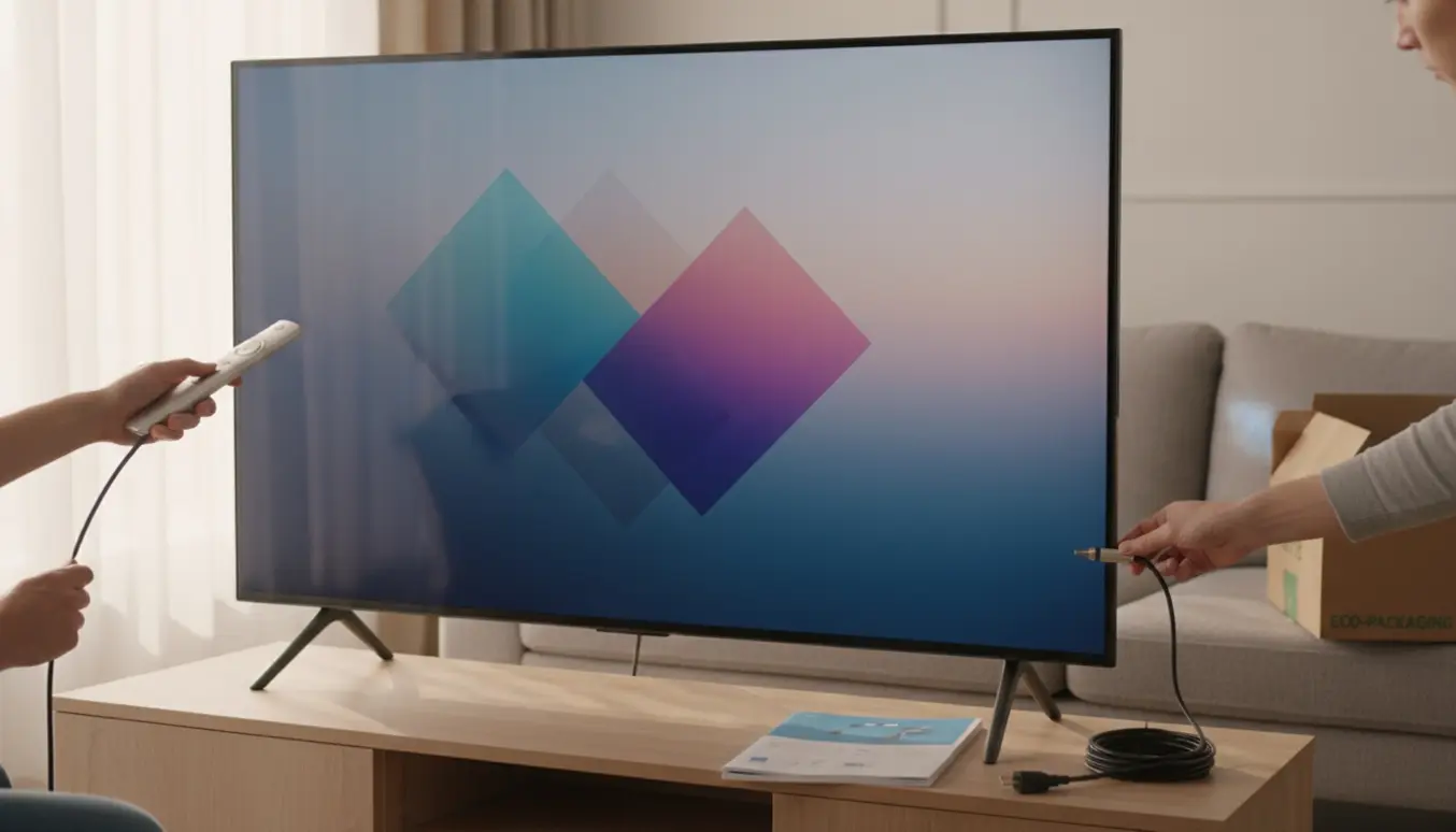 En 65-tommers fladskærm på fod, hvor hænder opsætter kanalsøgning med fjernbetjening og kabel i en lys stue.