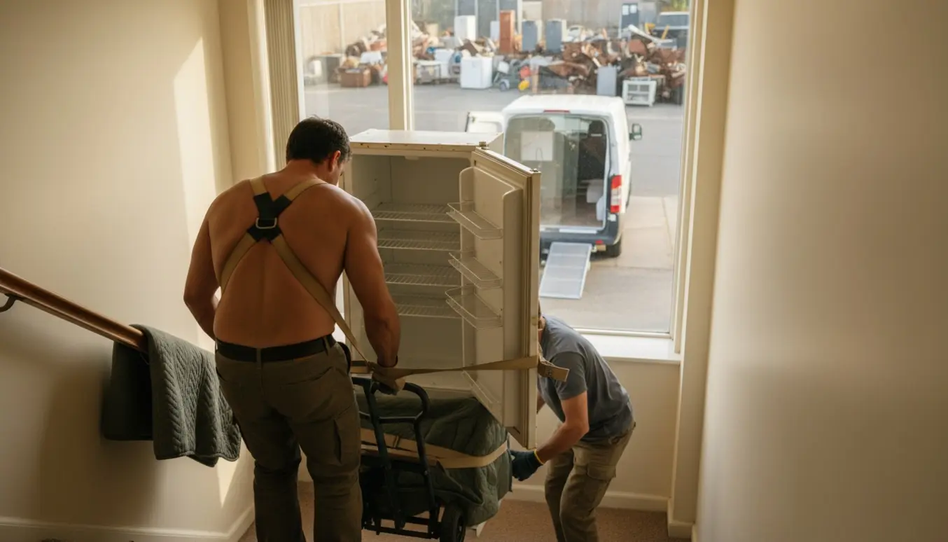 Et køleskab bæres ned fra første sal og lastes i en varevogn til genbrugsstationen.
