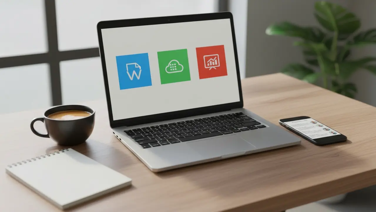 Laptop og smartphone på skrivebord med ikoner for almindelige computerprogrammer