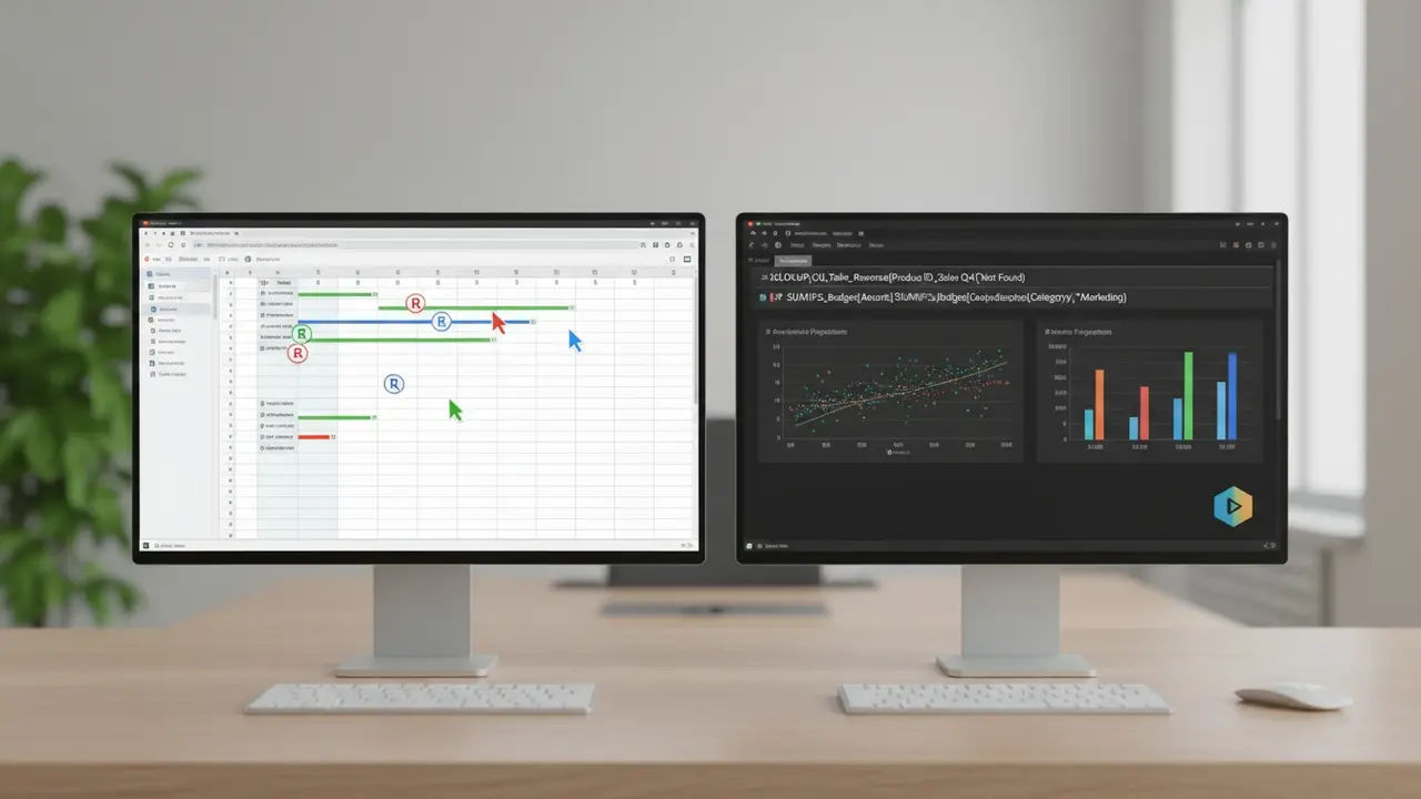 Split-screen: samarbejdende cloud-regneark til venstre og avanceret desktop-regneark til højre