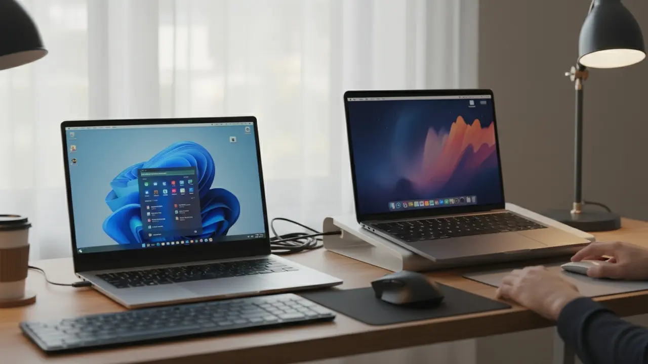 Side-om-side: Windows-bærbar med Start-menu og MacBook med Dock for at vise forskelle