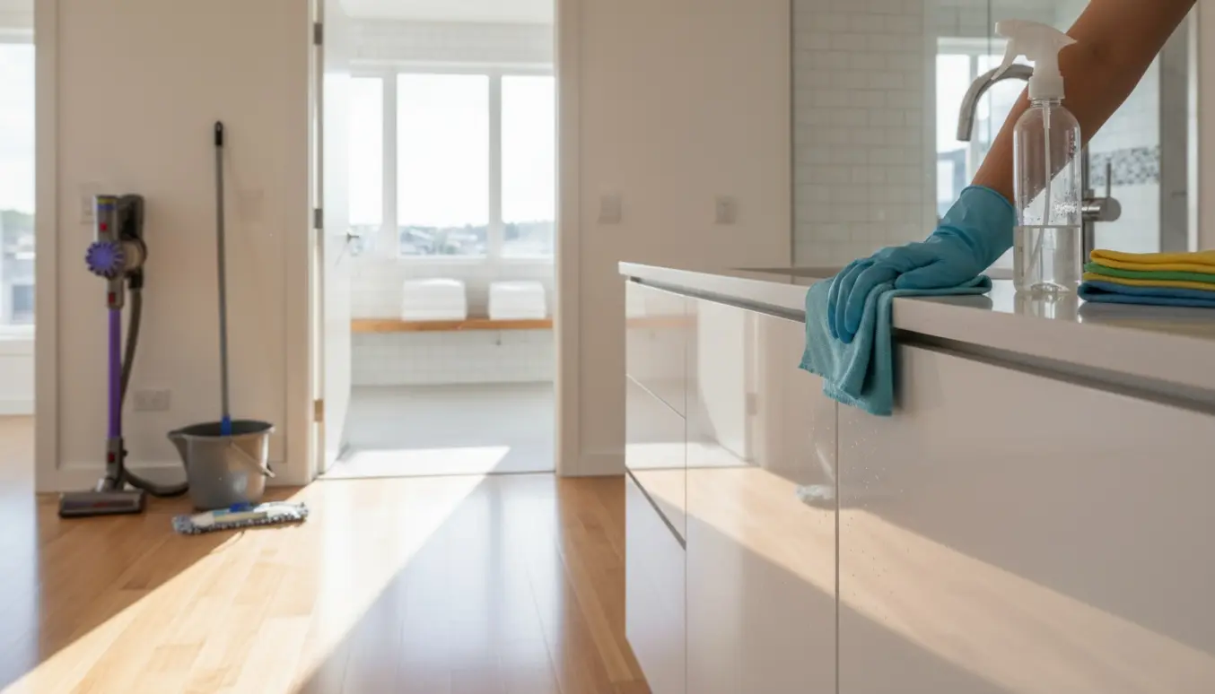 Et solbeskinnet hus under rengøring med handsker, mikrofiberklud, støvsuger og moppe.