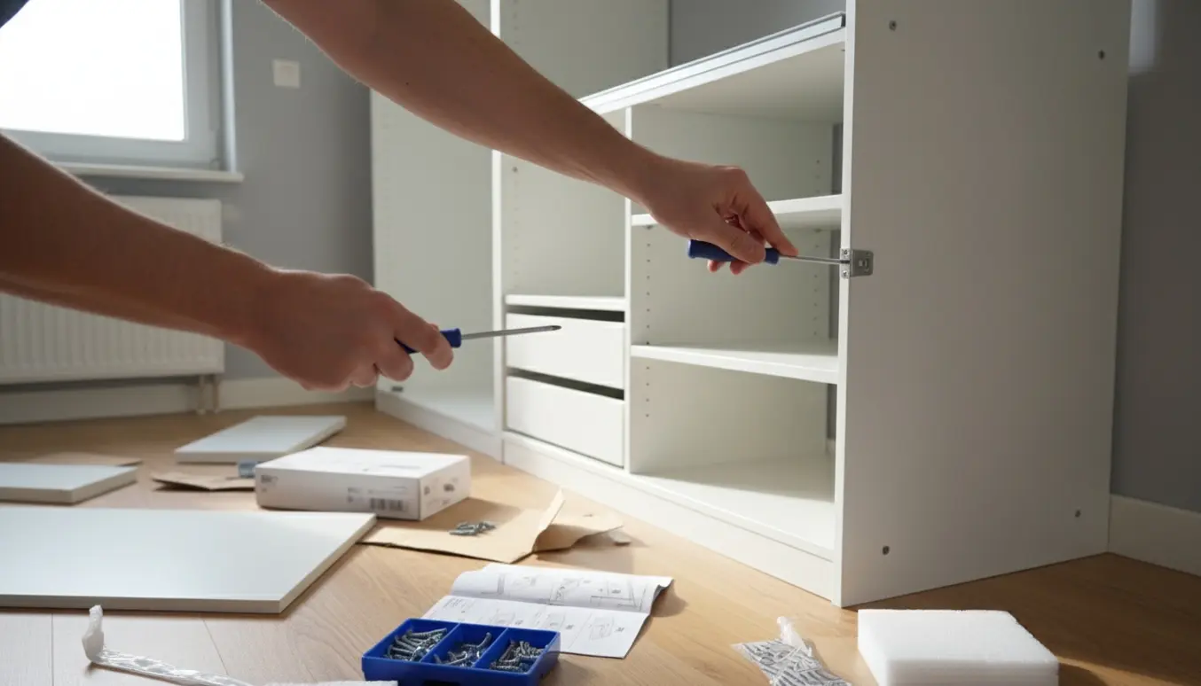 Hænder monterer en hvid fladpakket garderobe i et lyst soveværelse med værktøj og dele på gulvet.