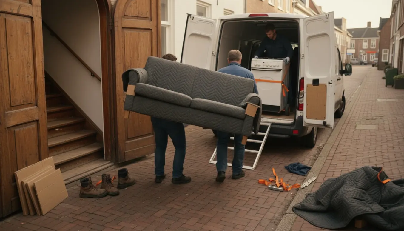 To personer bærer en sofa ned ad en trappe, mens et komfur klargøres til at blive læsset i en varevogn.