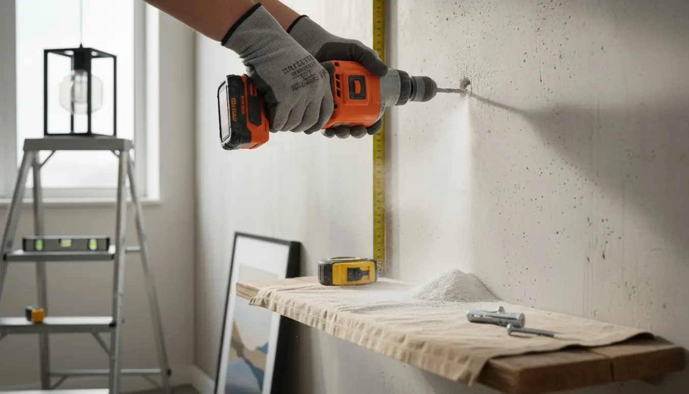 Handskeklædte hænder borer i en hård væg i en ny lejlighed med værktøj, billedramme og lampe klar til opsætning.