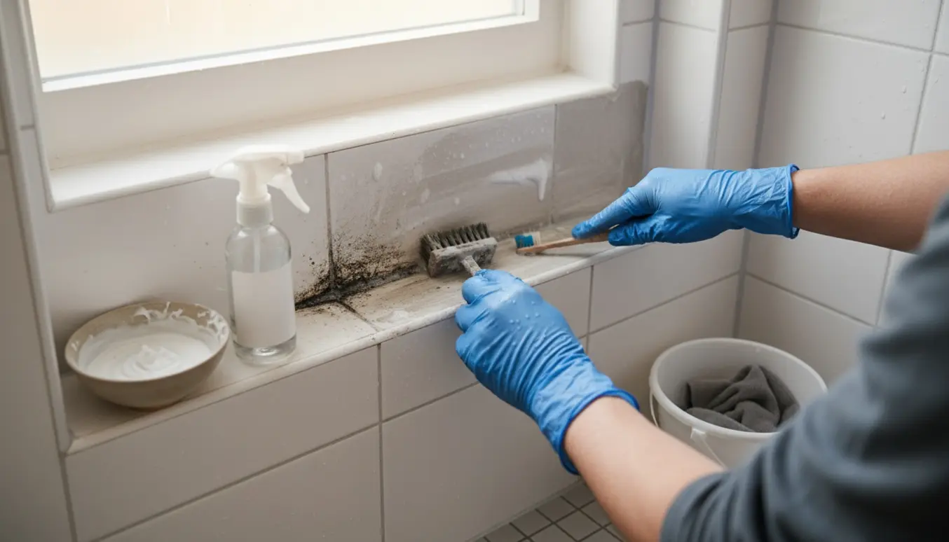 Beskyttede hænder skrubber dybt indlejret skimmelsvamp ud af cementfuger i en lille bruseniche med børste og rengøringsskål.