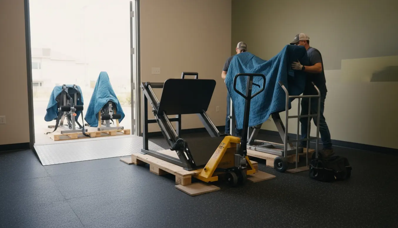 To flyttefolk placerer tunge fitnessmaskiner i et stueplans rum med palleløfter og sækkevogn.