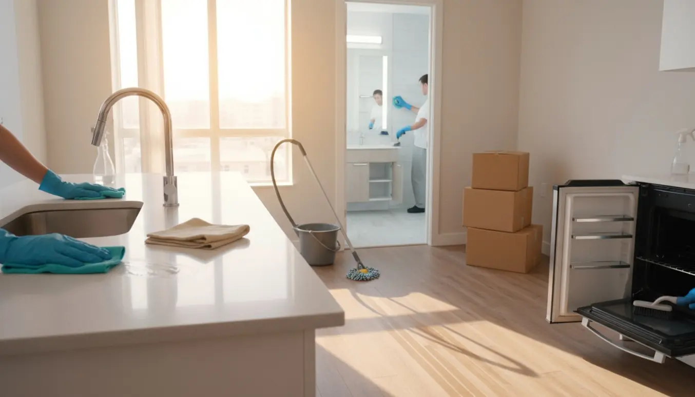 Handsker pudser køkkenbord i en lys lejlighed under flytterengøring.