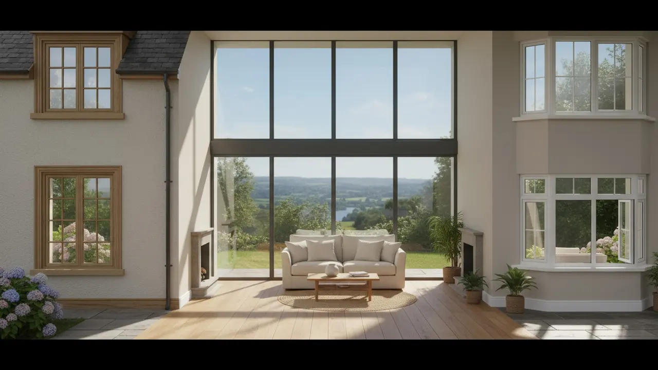 Husfacade og stue med forskellige vinduestyper i træ, aluminium og PVC