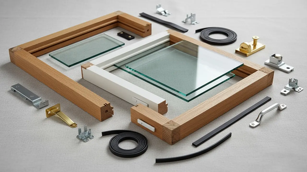 Nærbillede af vinduesdele lagt op separat: karm, ramme, glas, beslag og tætninger