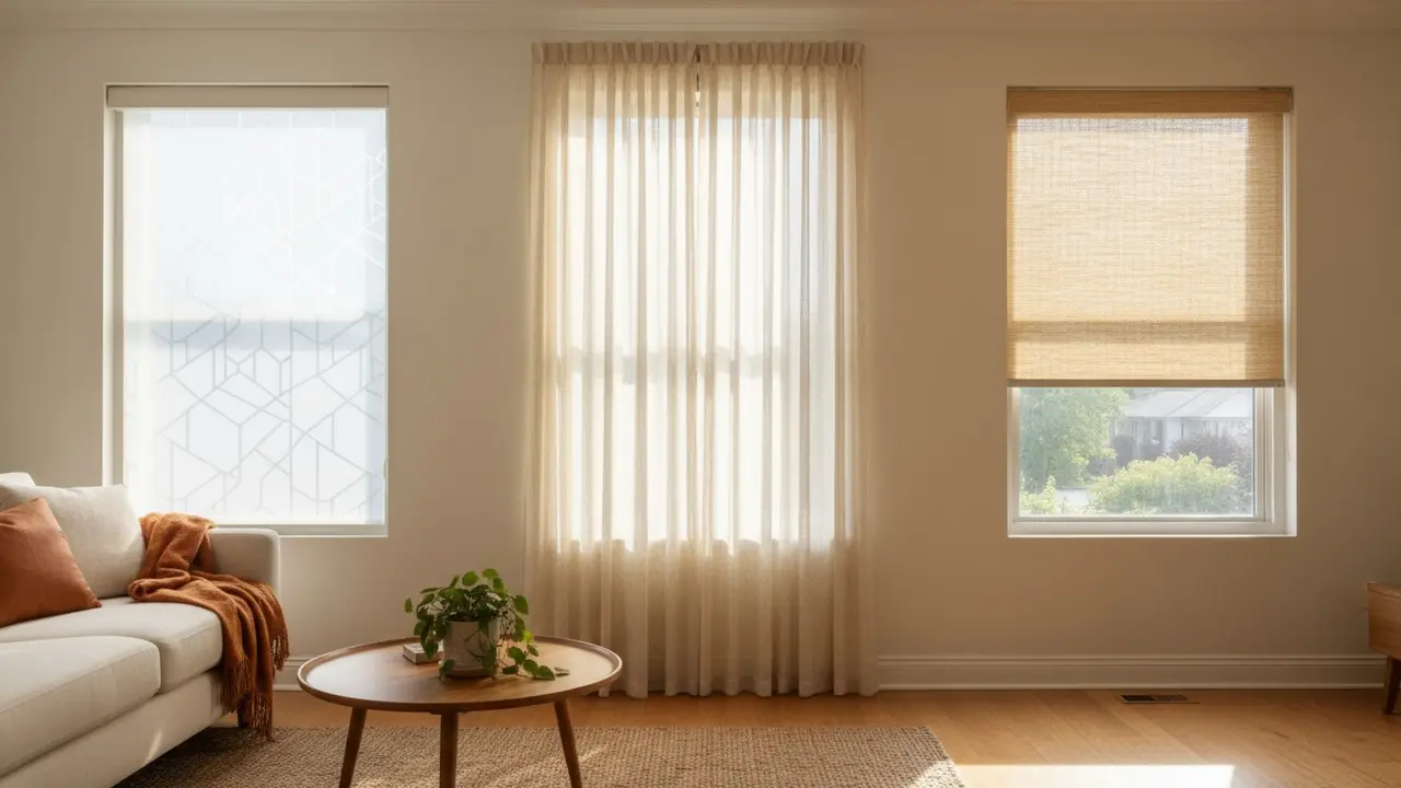 Tre vinduer med forskellige privatlivsløsninger: matteret folie, gardin og rullegardin