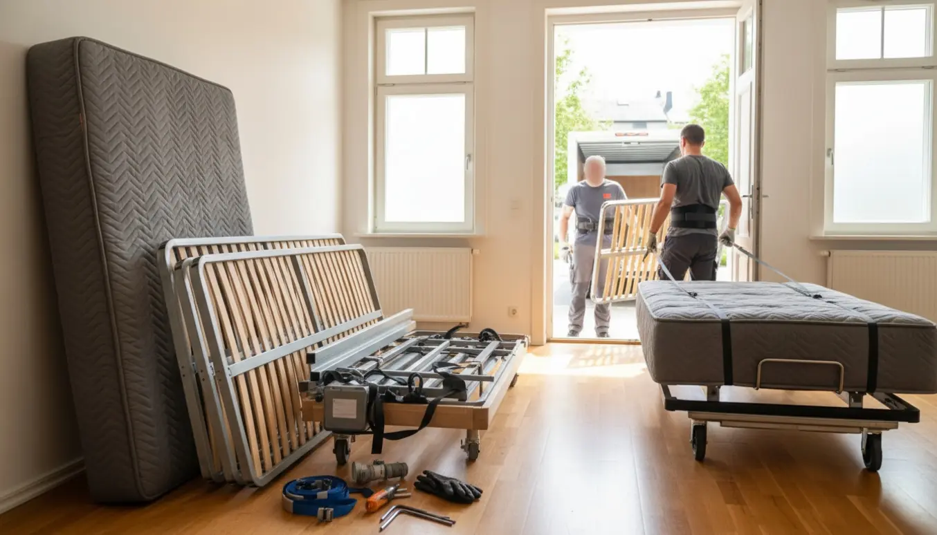 Dele af en 180x200 elevationsseng bæres gennem en lys opgang, madrassen pakket i flyttetæppe.
