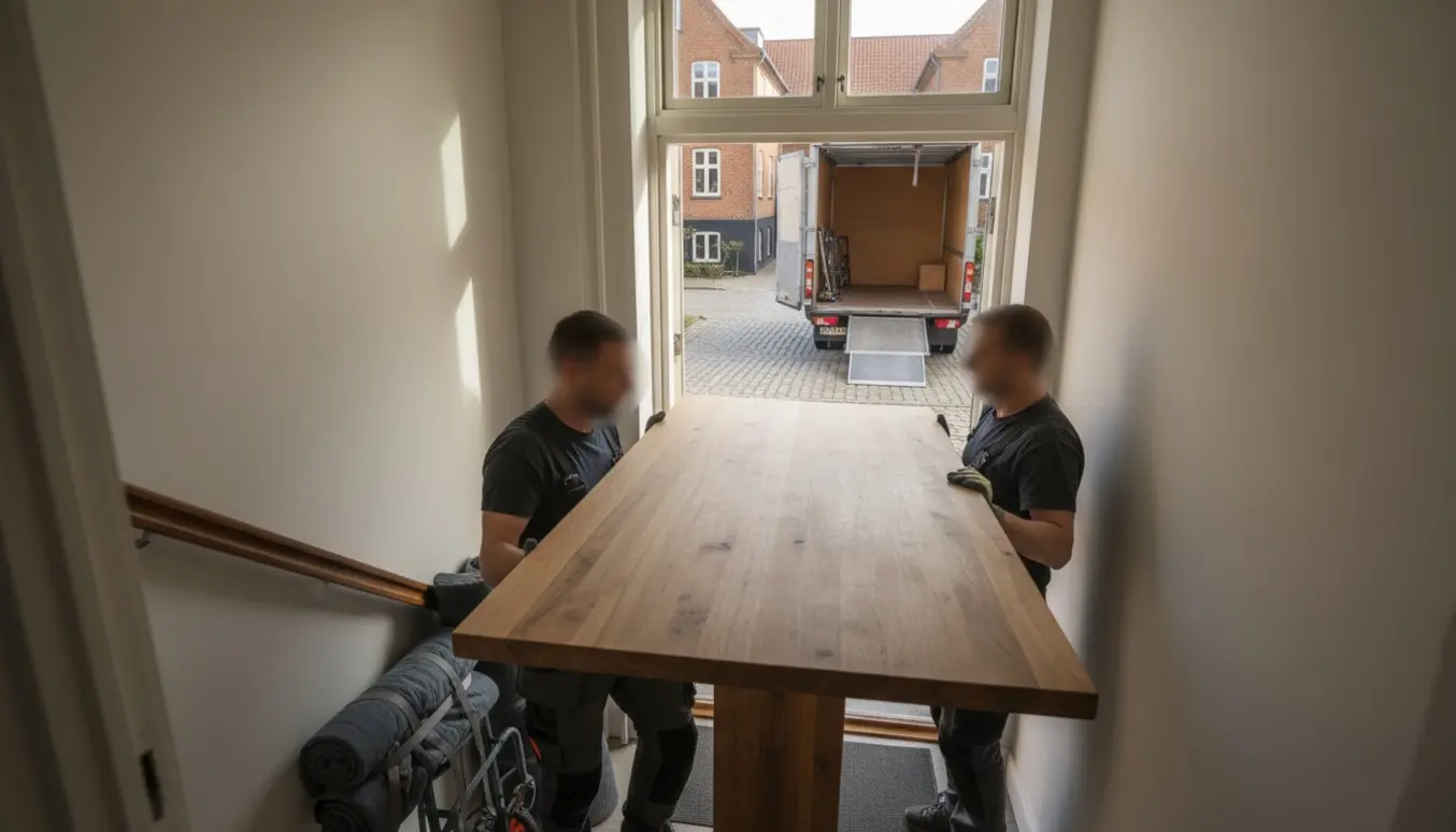 To flyttemænd bærer et stort træspisebord op ad trappen til en lejligheds anden sal i Roskilde.