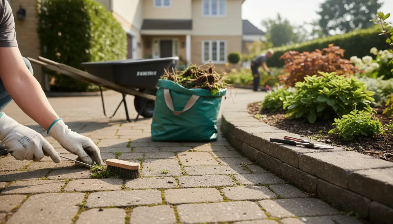 Hænder fjerner ukrudt mellem fliser og beskærer bede ved indkørsel og hus.