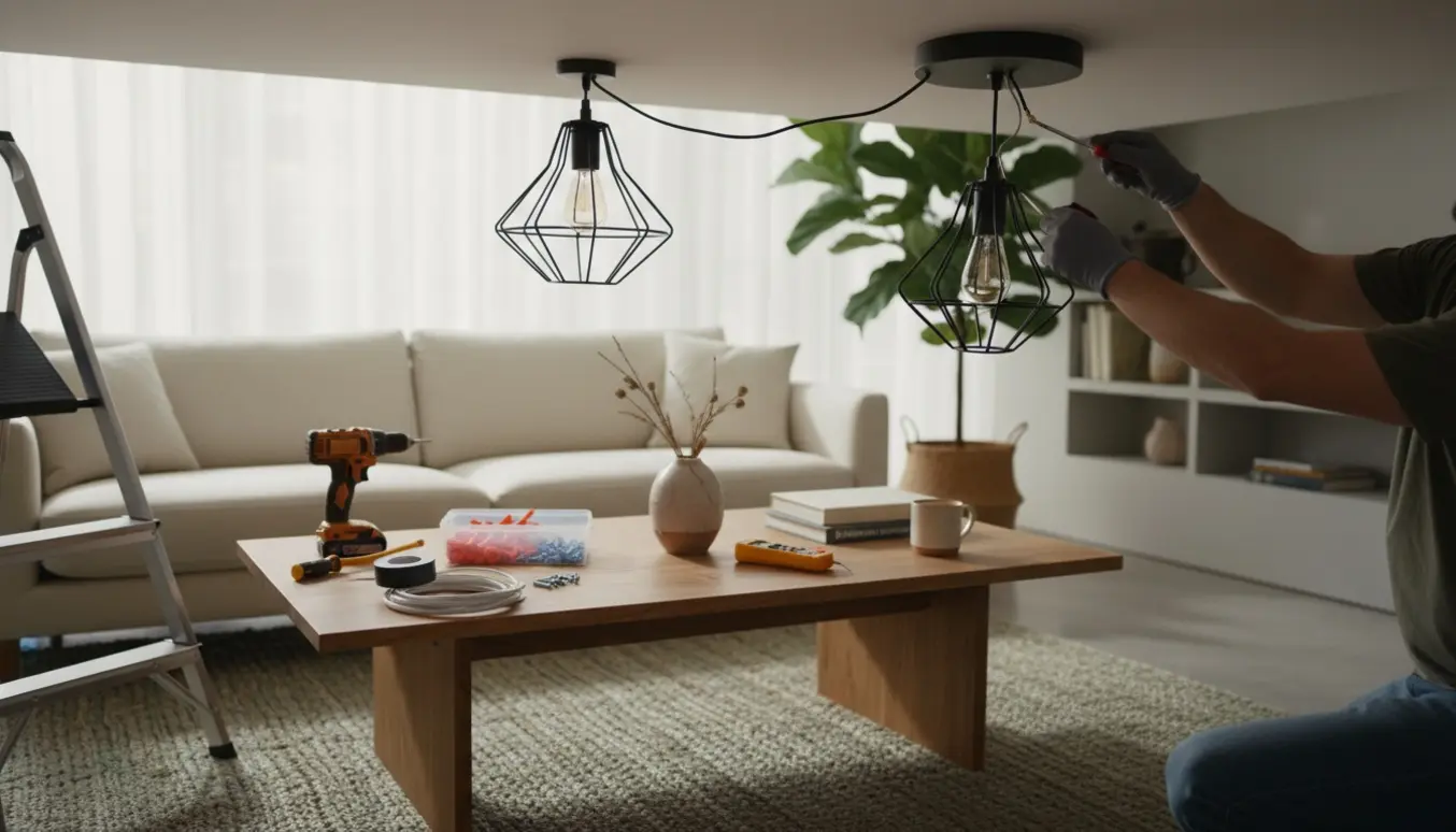 Person monterer en loftlampe over et sofabord i en hyggelig stue med synligt værktøj.