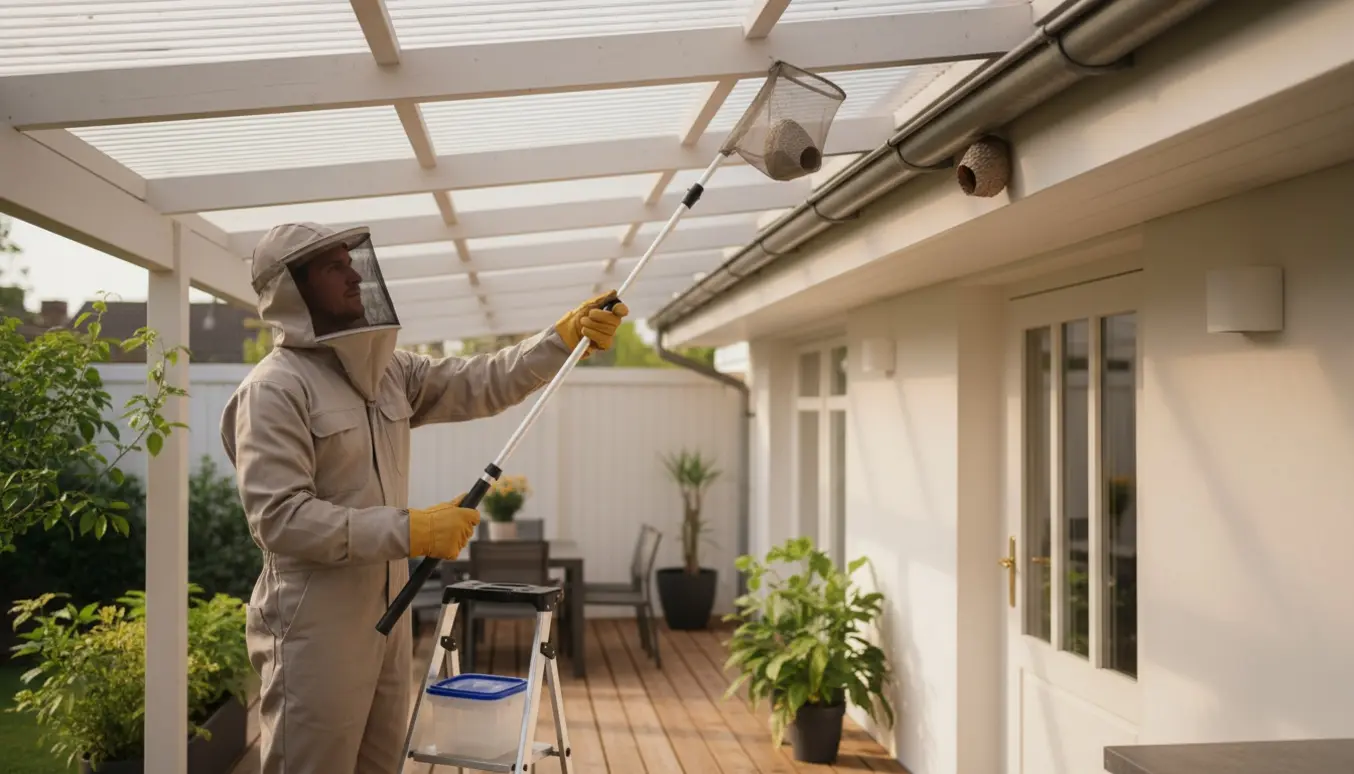 Person i beskyttelsesudstyr ved en terrasse fjerner to små hvepseboer, ét under terrassetaget og ét over køkkendøren.