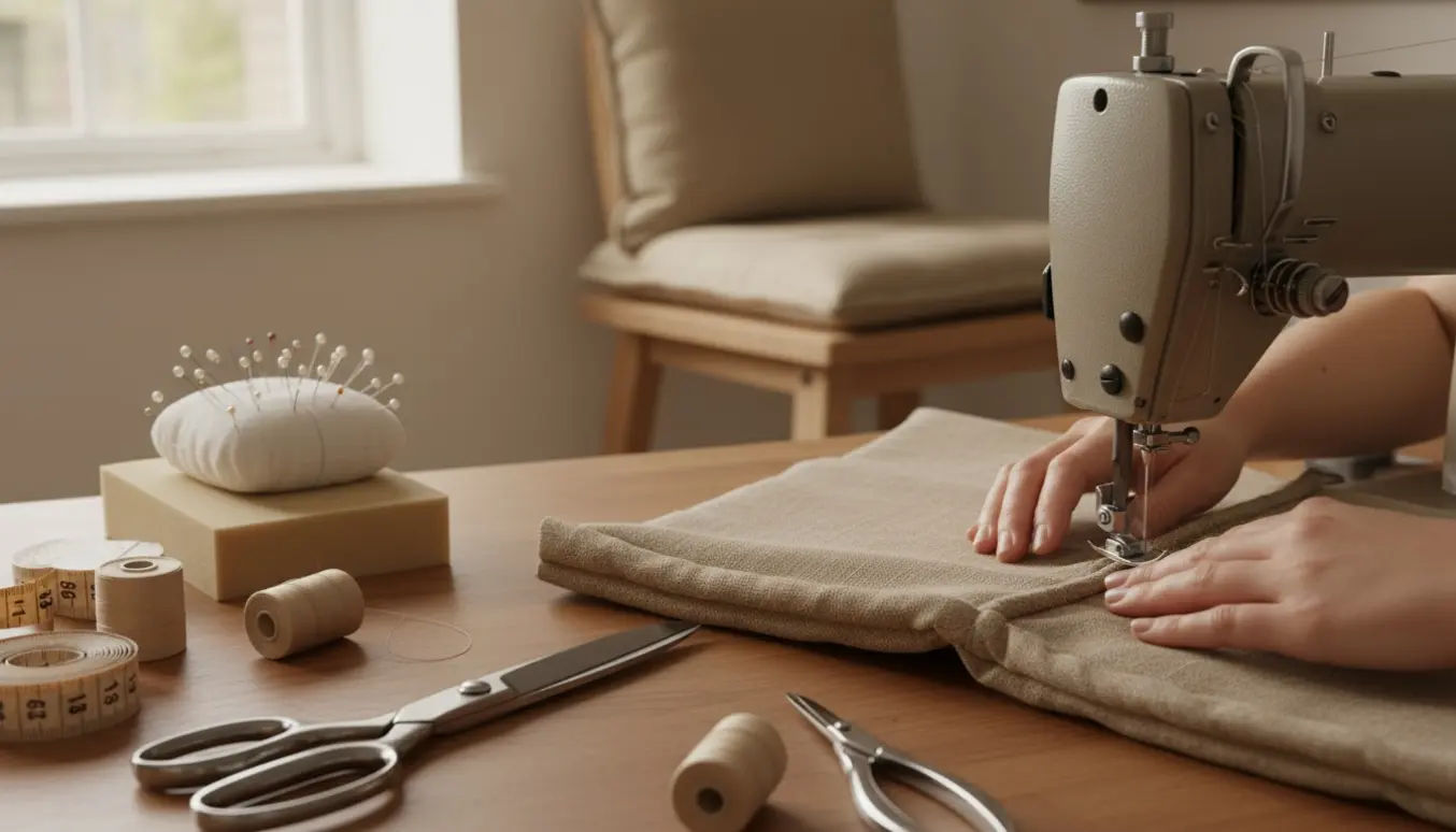 Hænder syr piping i samme stof på en hyndekant ved en symaskine med den færdige hynde på en køkkenbænk i baggrunden.