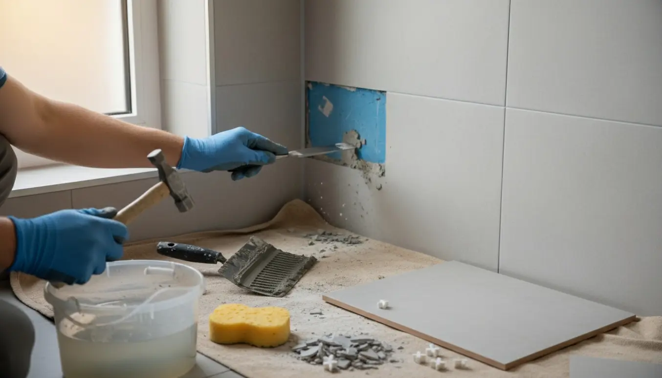 Nærbillede af udskiftning af en revnet klinke i et badeværelse med værktøj og erstatningsklinke klar til montering.