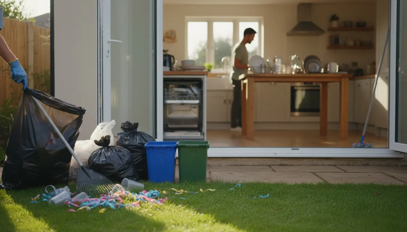 Oprydning efter studenterfest i have og åben køkken med affaldssække og rengøringsredskaber.