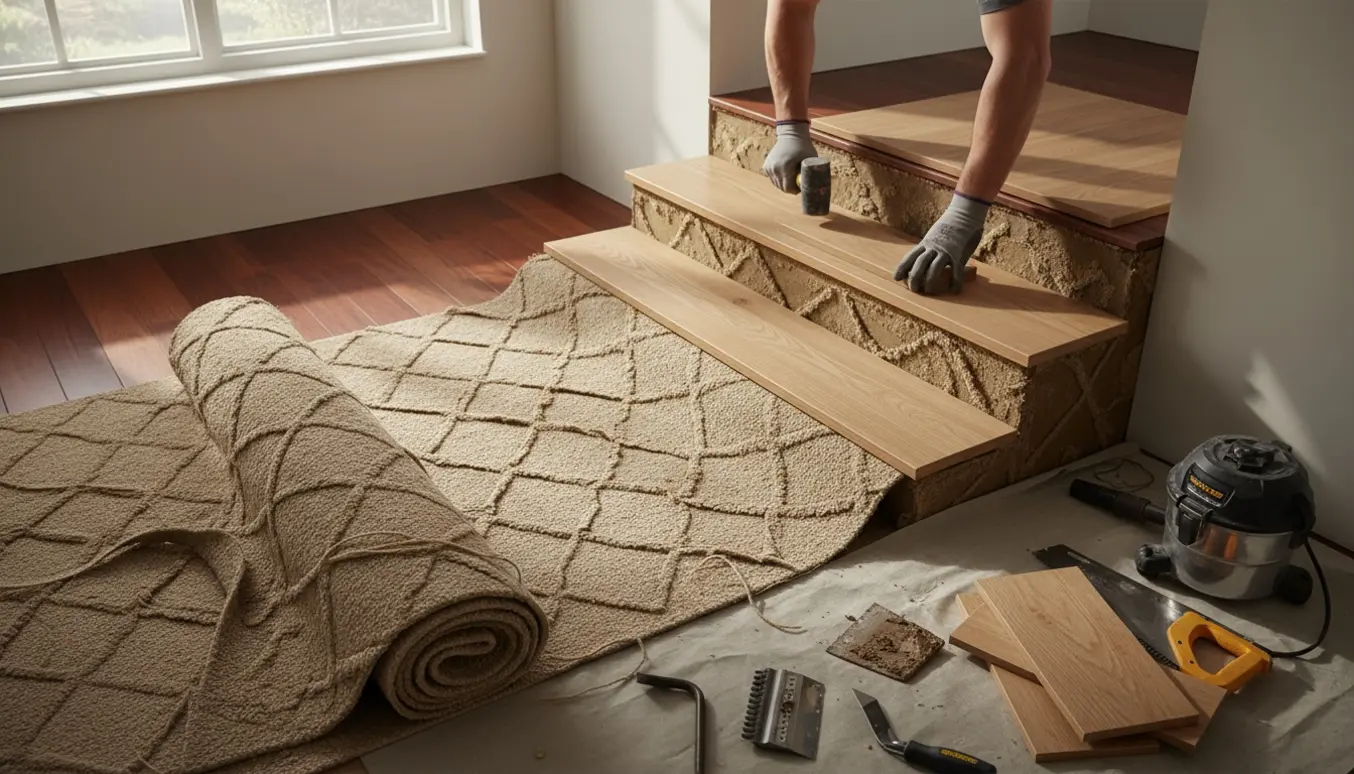 Indvendig trappe under renovering med fjernet tæppe og nye trægulvsplanker på trin og repos.