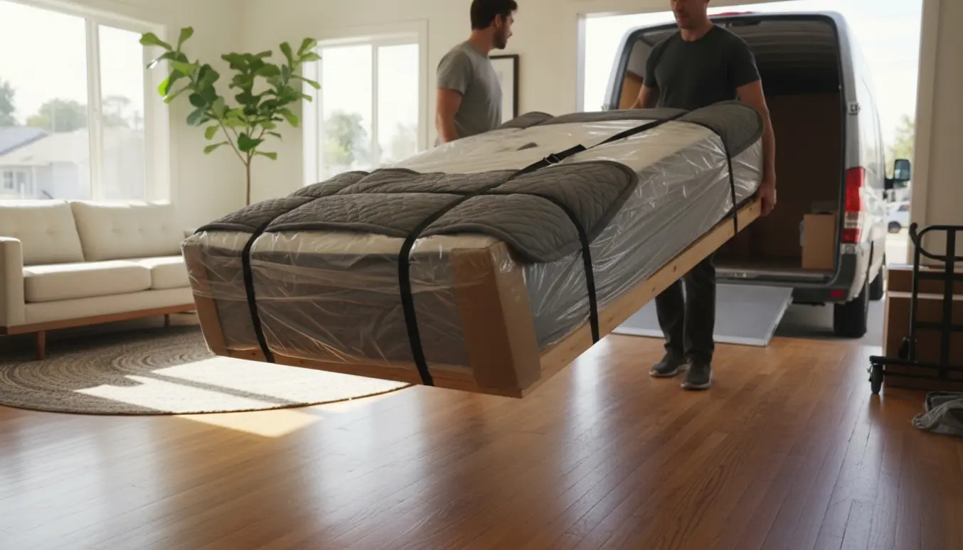 To personer bærer en indpakket madras fra en lys stue mod en åben flyttevogn.