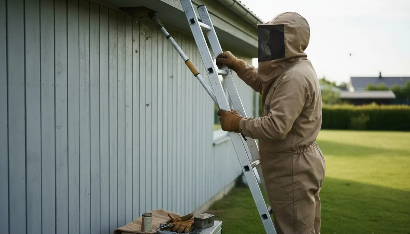 Person i beskyttelsesudstyr fjerner et skjult hvepsebo under tagkanten fra en stige.