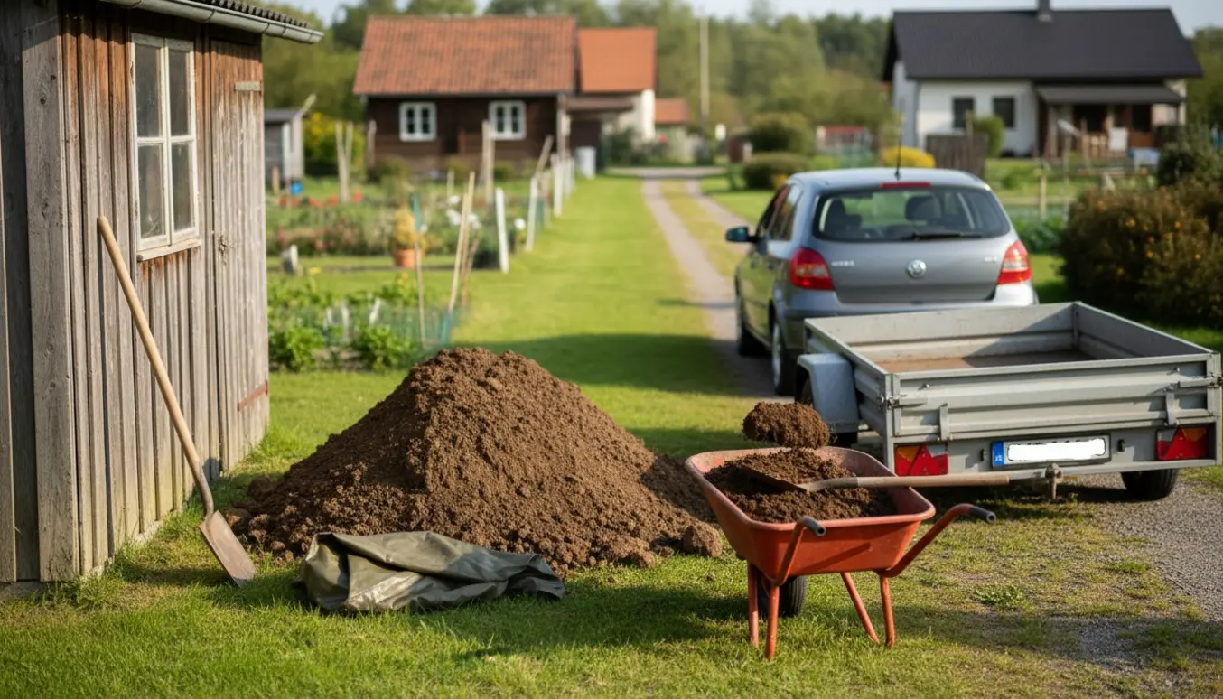 En kolonihave med en bunke jord og en parkeret bil med trailer, mens en person skovler jord i en trillebør.