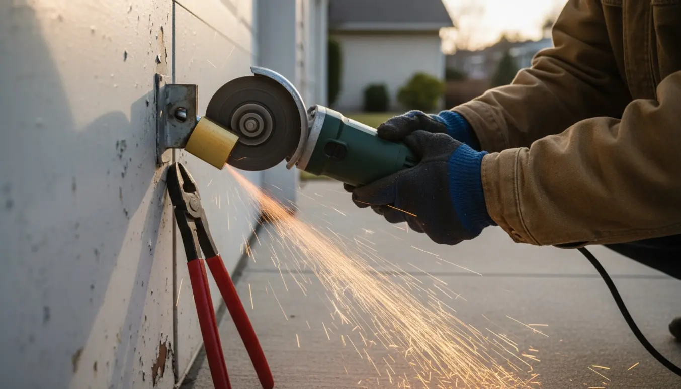 Nærbillede af en messing hængelås på en garage, mens en vinkelsliber skærer med gnister.