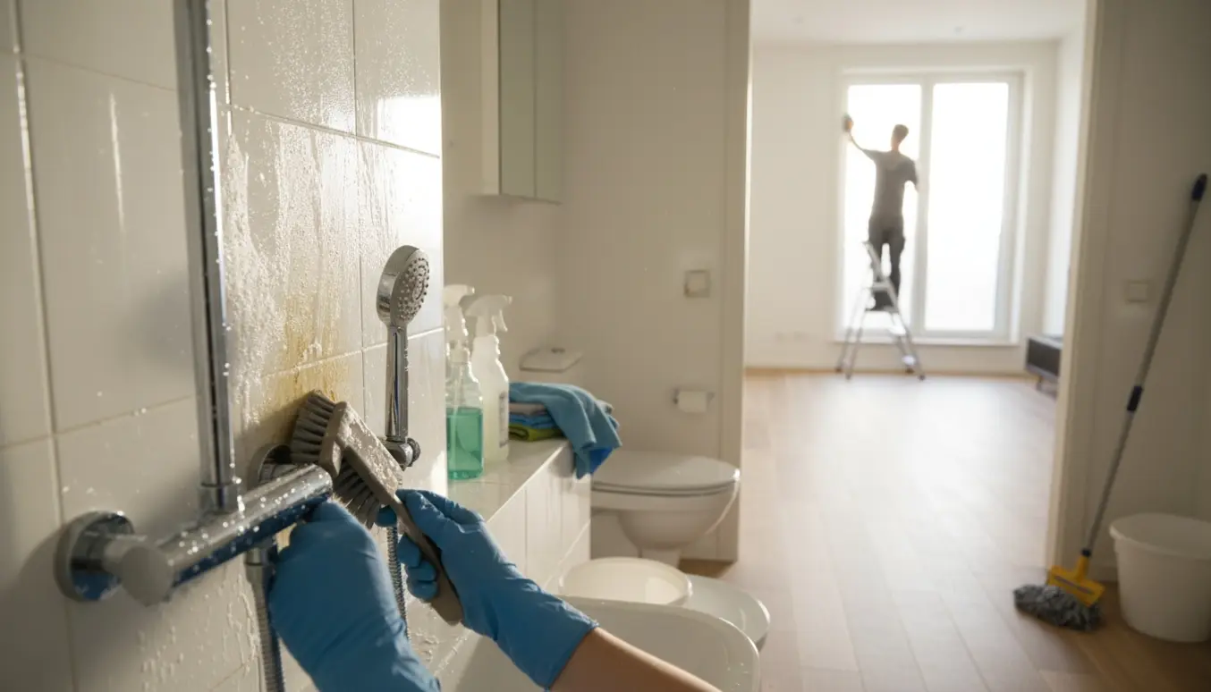 Professionel flytterengøring i lys lejlighed med skinnende badeværelsesfliser og rengøringsudstyr.