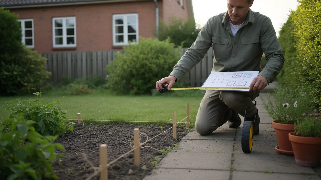 Person måler have og skitserer haveplan på clipboard i villahave