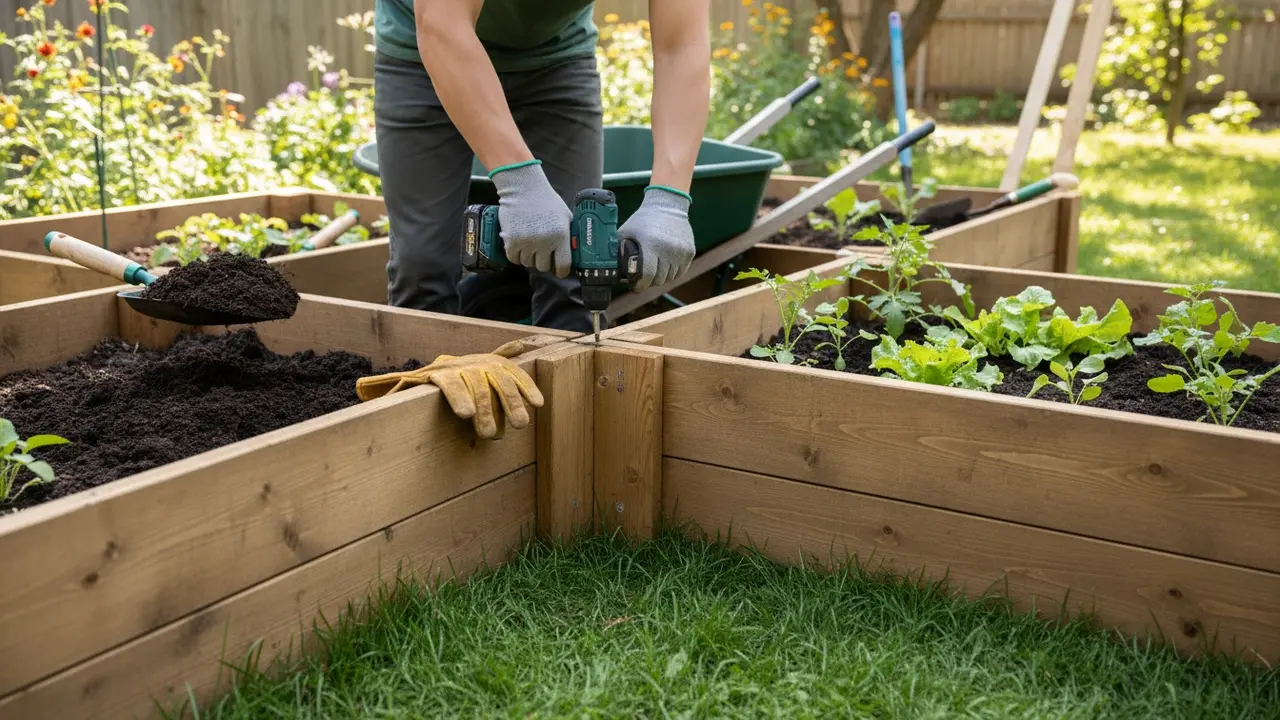 Opsætning af træ-højbed med jord og nyplantede kimplanter