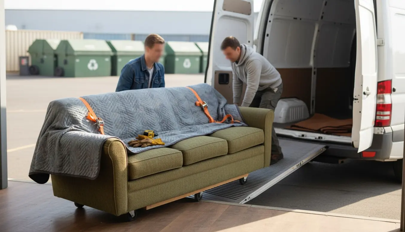 Trepersoners sofa bæres fra stueetagen og lastes i en varevogn ved en genbrugsstation.