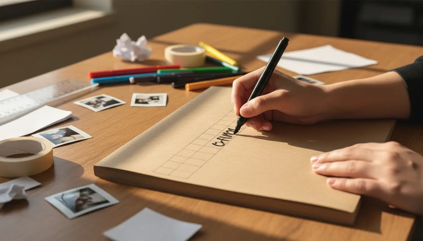 Hænder skriver med tusch på en papirbogs forside til en efterskoleårbog ved et træbord.