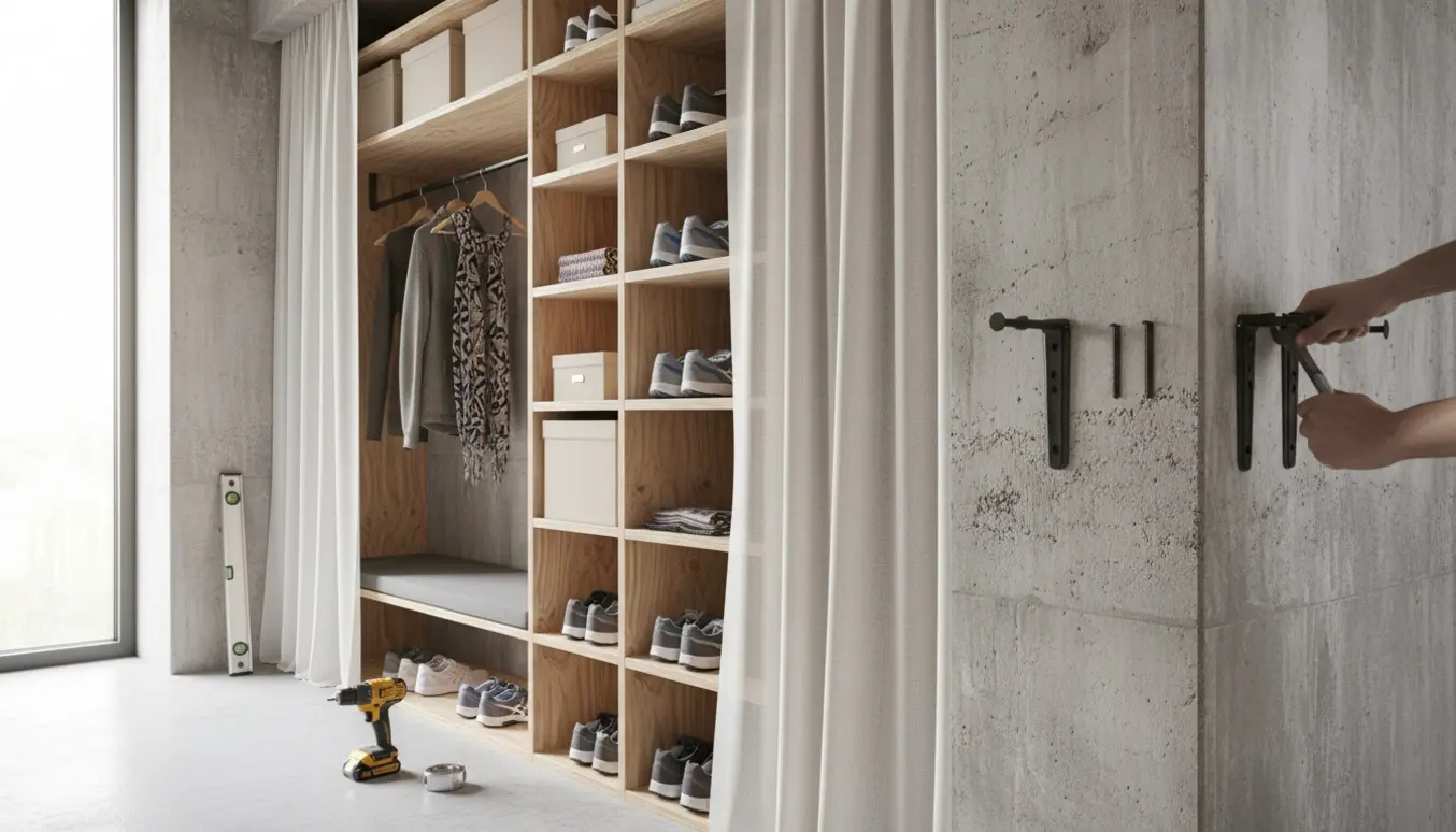 Høje tilpassede hylder monteret på betonvæg i en entré med sko, jakker og håndværkerens hænder ved et beslag.